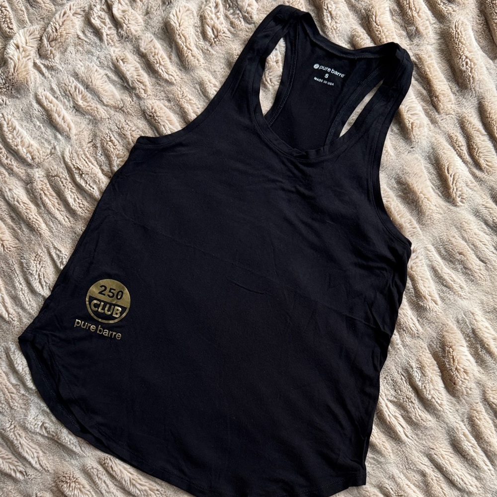 Pure Barre Black Racerback Tank with Gold 250 Club Logo